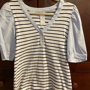 Striped V-Neck Top with Puff Sleeves
